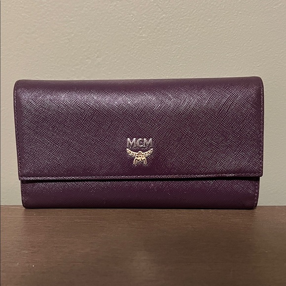 MCM Handbags - MCM Plum Dark Purple Leather Long Wallet with Two Tone Gold and Silver Logo